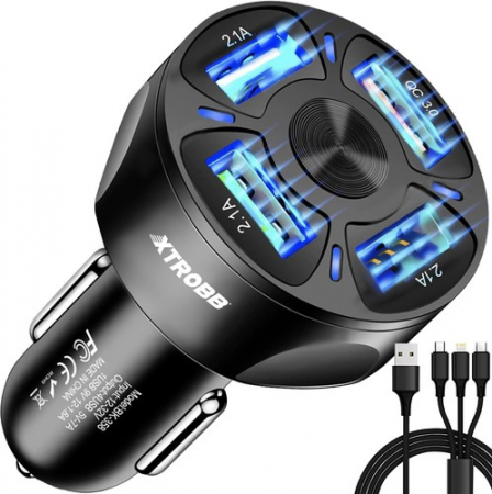 Accesorii auto telefoane - Incarcator auto 12-32V, incarcare rapida, 4x USB + cablu incarcare rapida 3in1 115 cm - Negru