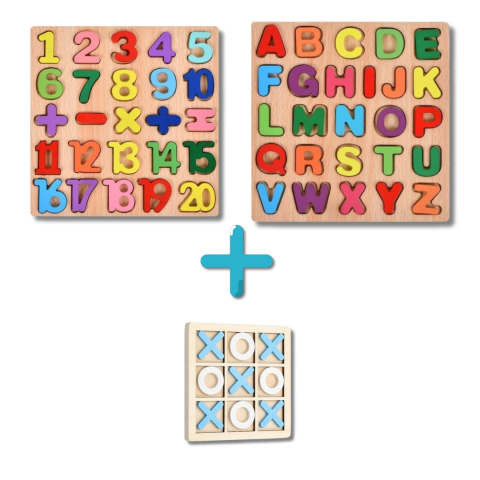 Jucării puzzle - Pachet educativ din lemn pentru copii – tabla cu numere si operatii + joc X si 0
