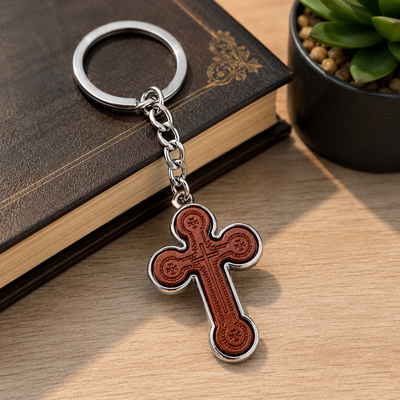 Set 4 brelocuri religioase maro-argintiu 9,3 cm, cruce 3,5 x 2,6 cm cu simboluri crestine, inel 3,4 cm, pentru barbati si femei, cadou, marturii botez [4]