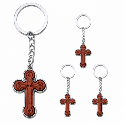 Breloc - Set 4 brelocuri religioase maro-argintiu 9,3 cm, cruce 3,5 x 2,6 cm cu simboluri crestine, inel 3,4 cm, pentru barbati si femei, cadou, marturii botez