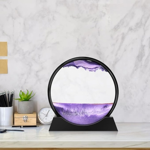 Decoratiune 3D de masa cu nisip in miscare, tip clepsidra, plastic si sticla, 18 x 9 cm, mov – efect vizual relaxant si design modern [7]