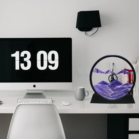 Decoratiune 3D de masa cu nisip in miscare, tip clepsidra, plastic si sticla, 18 x 9 cm, mov – efect vizual relaxant si design modern [11]