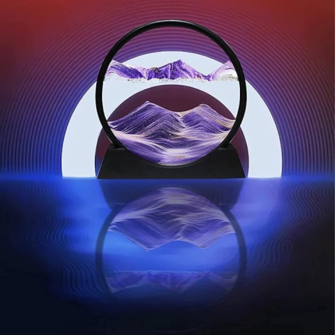 Decoratiune 3D de masa cu nisip in miscare, tip clepsidra, plastic si sticla, 18 x 9 cm, mov – efect vizual relaxant si design modern [8]