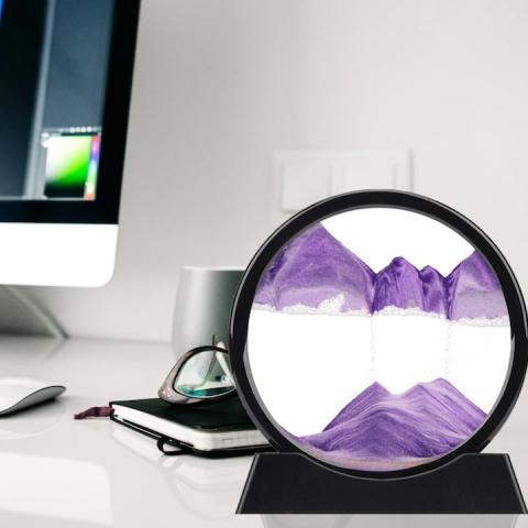 Decoratiune 3D de masa cu nisip in miscare, tip clepsidra, plastic si sticla, 18 x 9 cm, mov – efect vizual relaxant si design modern [9]