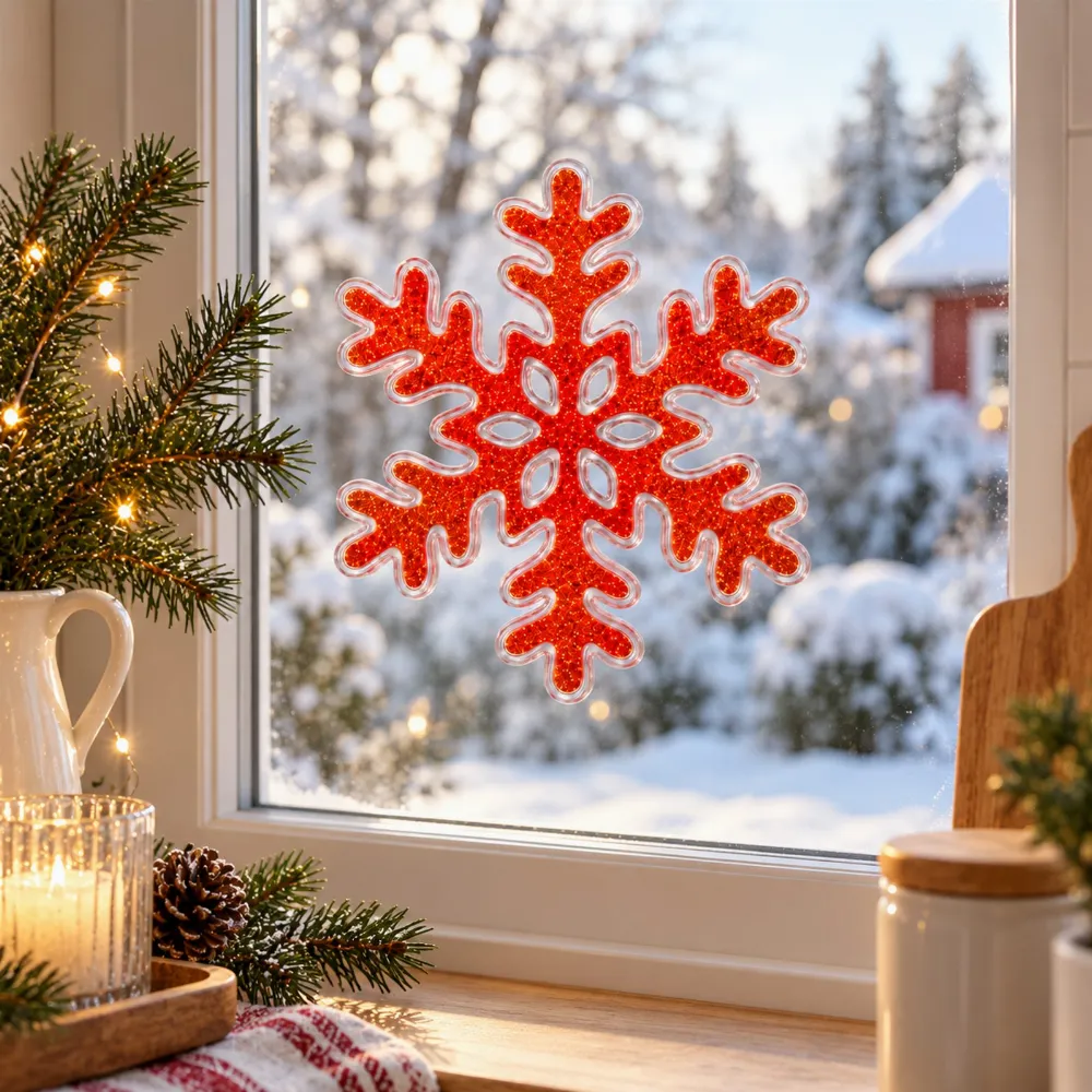 Decoratiune Craciun pentru Geam Rosu, 20 x 20 cm, Fulg de Zapada cu Sclipici [4]