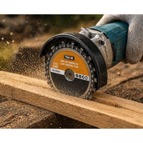 Disc taiere lemn 115 mm cu lant 9 dinti, pentru polizor unghiular, debitare rapida material lemnos, alezaj 22 mm [2]