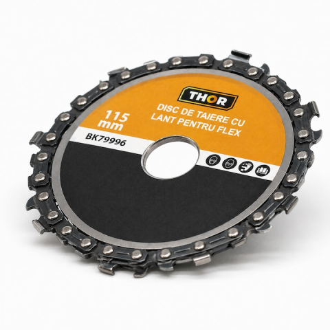 Disc taiere lemn 115 mm cu lant 9 dinti, pentru polizor unghiular, debitare rapida material lemnos, alezaj 22 mm [4]