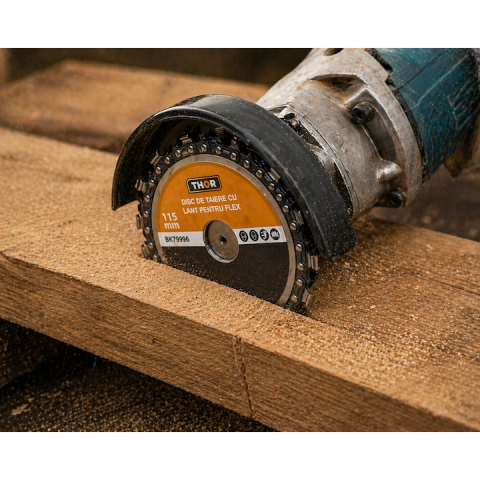 Disc taiere lemn 115 mm cu lant 9 dinti, pentru polizor unghiular, debitare rapida material lemnos, alezaj 22 mm [3]