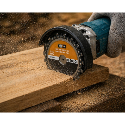 Disc taiere lemn 115 mm cu lant 9 dinti, pentru polizor unghiular, debitare rapida material lemnos, alezaj 22 mm [1]