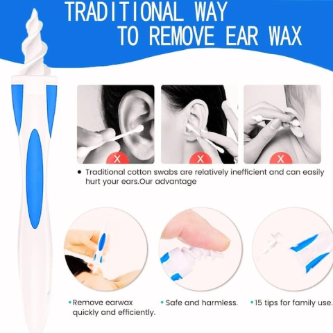 Dispozitiv curățare urechi, Dodaco, 16 vârfuri silicon, alb/albastru, utilizare familiala [4]