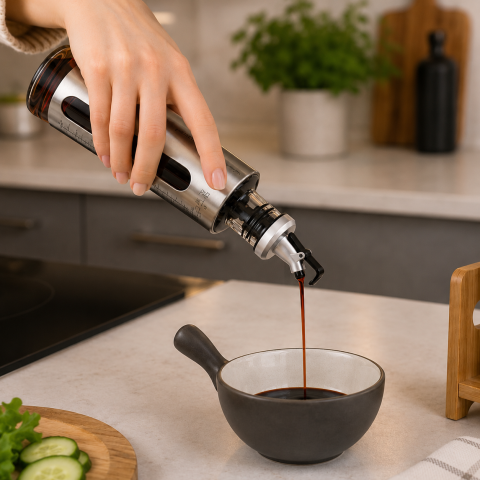 Dozator pentru otet 500 ml, argintiu, 29 x 7 cm, recipient din sticla cu protectie inox, cioc dozator, scala gradata, ideal pentru salate si marinare [2]