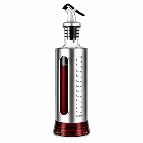 Dozator pentru otet 500 ml, argintiu, 29 x 7 cm, recipient din sticla cu protectie inox, cioc dozator, scala gradata, ideal pentru salate si marinare [1]