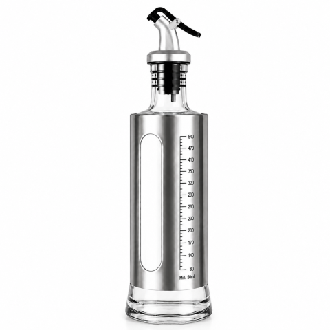 Dozator pentru otet 500 ml, argintiu, 29 x 7 cm, recipient din sticla cu protectie inox, cioc dozator, scala gradata, ideal pentru salate si marinare [4]