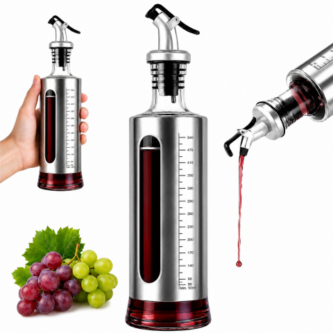 CASA & GRADINA - Dozator pentru otet 500 ml, argintiu, 29 x 7 cm, recipient din sticla cu protectie inox, cioc dozator, scala gradata, ideal pentru salate si marinare