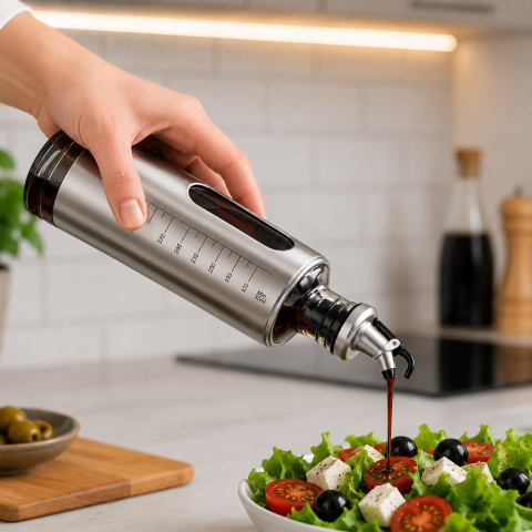 Dozator pentru otet 500 ml, argintiu, 29 x 7 cm, recipient din sticla cu protectie inox, cioc dozator, scala gradata, ideal pentru salate si marinare [6]