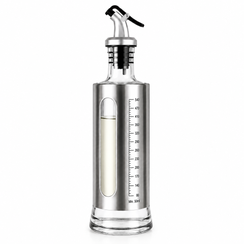 Dozator pentru otet 500 ml, argintiu, 29 x 7 cm, recipient din sticla cu protectie inox, cioc dozator, scala gradata, ideal pentru salate si marinare [3]