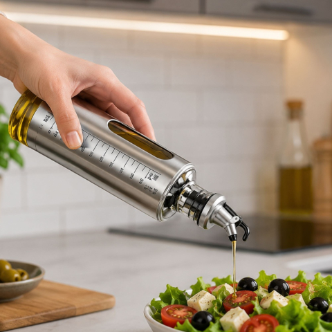 Dozator pentru ulei, otet sau sosuri lichide 500 ml, argintiu, 29 x 7 cm, recipient din sticla cu invelis inox, scala gradata si cioc de turnare [3]
