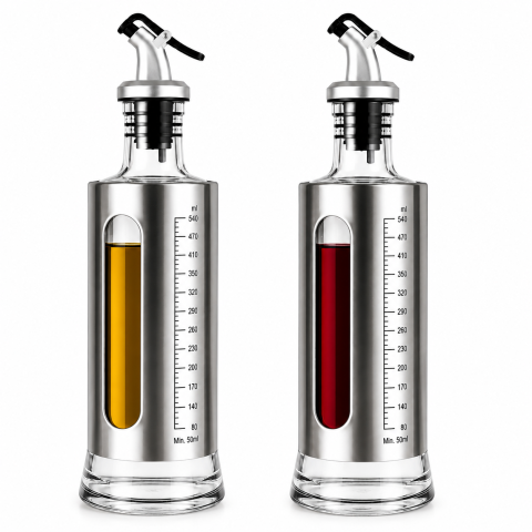 Dozator pentru ulei, otet sau sosuri lichide 500 ml, argintiu, 29 x 7 cm, recipient din sticla cu invelis inox, scala gradata si cioc de turnare [12]