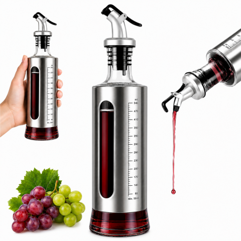 Dozator pentru ulei, otet sau sosuri lichide 500 ml, argintiu, 29 x 7 cm, recipient din sticla cu invelis inox, scala gradata si cioc de turnare [14]