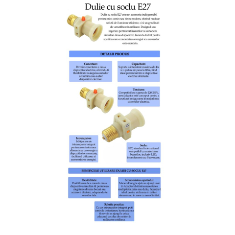 Dulie E27 cu intrerupator si adaptor electric pentru 2 dispozitive, 4A, 60W, 220–250V, culoare alba [4]