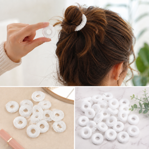 Elastice albe pentru par, set 20 buc, diametru 2.5 cm, model spiralat reutilizabil, accesorii elastice pentru coc, coada si impletituri [4]