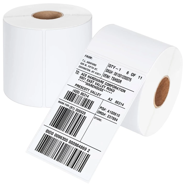 Etichete termice autoadezive albe 100 x 150 mm, rola 500 etichete, perforate, adeziv puternic, pentru AWB, curierat, depozit si logistica, printare fara ribon [9]