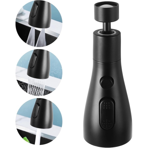 Extensie pentru robinet, 3 tipuri de jet, rotativ 360°, ABS/otel inoxidabil, economisire consum apa, universal, negru, 14 x 5 x 2.2 cm [6]