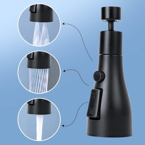 Extensie pentru robinet, 3 tipuri de jet, rotativ 360°, ABS/otel inoxidabil, economisire consum apa, universal, negru, 14 x 5 x 2.2 cm [5]