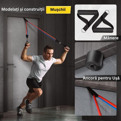 Extensor cu 5 benzi elastice de rezistenta pentru antrenament fitness, accesorii incluse, benzi din latex cu intensitati diferite, manere antiderapante, prindere la usa, saculet transport, 110 cm, mul [4]