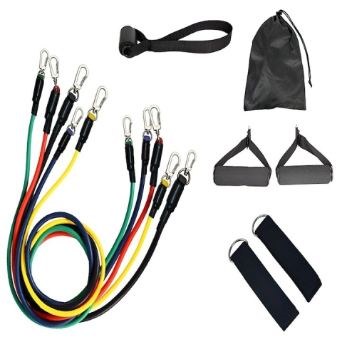 Extensor cu 5 benzi elastice de rezistenta pentru antrenament fitness, accesorii incluse, benzi din latex cu intensitati diferite, manere antiderapante, prindere la usa, saculet transport, 110 cm, mul [5]