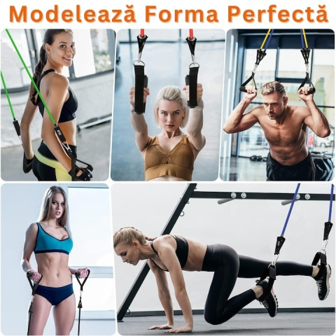 Extensor cu 5 benzi elastice de rezistenta pentru antrenament fitness, accesorii incluse, benzi din latex cu intensitati diferite, manere antiderapante, prindere la usa, saculet transport, 110 cm, mul [2]
