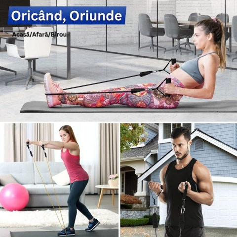 Extensor cu 5 benzi elastice de rezistenta pentru antrenament fitness, accesorii incluse, benzi din latex cu intensitati diferite, manere antiderapante, prindere la usa, saculet transport, 110 cm, mul [3]