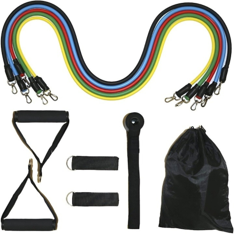 Accesorii fitness - Extensor cu 5 benzi elastice de rezistenta pentru antrenament fitness, accesorii incluse, benzi din latex cu intensitati diferite, manere antiderapante, prindere la usa, saculet transport, 110 cm, mul