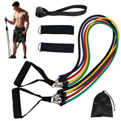 Extensor cu 5 benzi elastice de rezistenta pentru antrenament fitness, accesorii incluse, benzi din latex cu intensitati diferite, manere antiderapante, prindere la usa, saculet transport, 110 cm, mul [8]