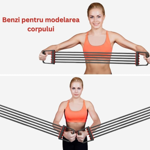 Extensor cu 5 benzi elastice de rezistenta pentru fitness – antrenament complet, portabil, reglabil, 67 cm, negru [1]
