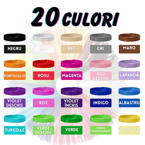 Filament 3D pentru creion 3D, multicolor, PLA 1.75 mm, 200 m, 20 culori, 10 m fiecare, imprimare rapida, fara miros, fara blocaj [2]