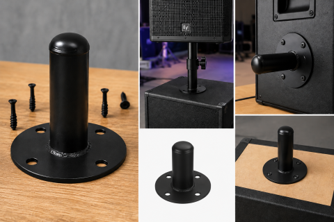 Flansa suport neagra pentru stativ boxa, metal, baza cu 4 orificii de fixare, montaj pentru incinte acustice si boxe profesionale [1]