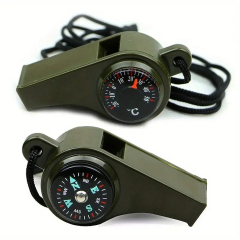 Fluier 3 in 1 cu busola si termometru pentru drumetii, camping si supravietuire, snur transport 40 cm, verde [1]
