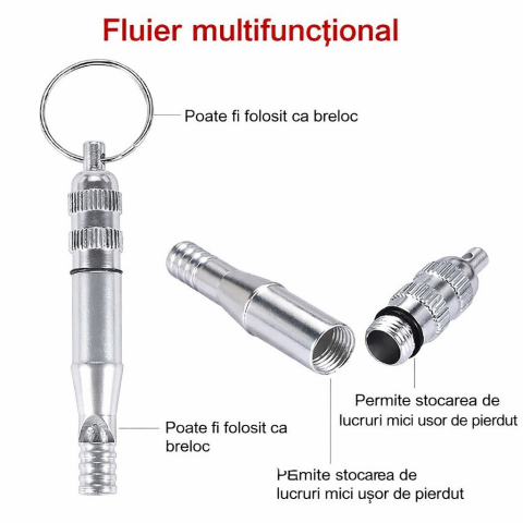 Fluier supravietuire aluminiu cu compartiment depozitare impermeabil si inel prindere, 73 mm, argintiu [7]