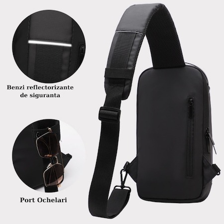 Geanta de umar pentru barbati, diverse intrebuintari, impermeabil, port incarcare usb, Negru [4]