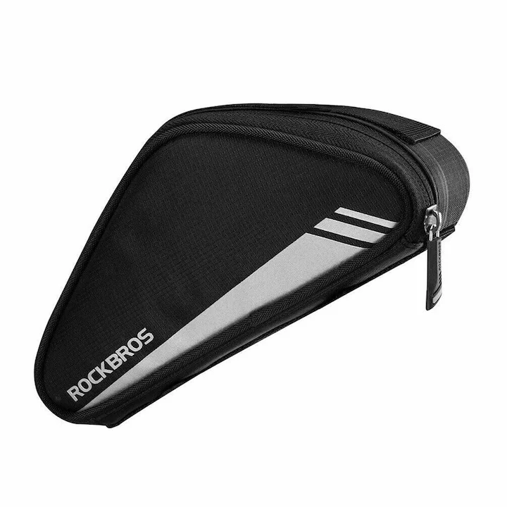 Geanta bicicleta neagra RockBros 0.7 L, 22.5 x 4.5 x 10.5 cm, impermeabila, prindere pe cadru cu benzi velcro, element reflectorizant [1]