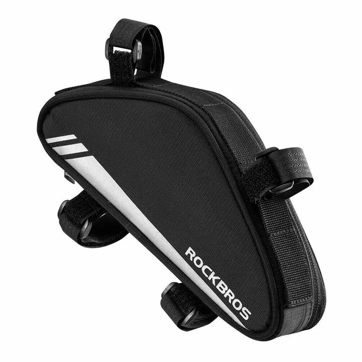SPORT ȘI ACTIVITĂȚI - Geanta bicicleta neagra RockBros 0.7 L, 22.5 x 4.5 x 10.5 cm, impermeabila, prindere pe cadru cu benzi velcro, element reflectorizant