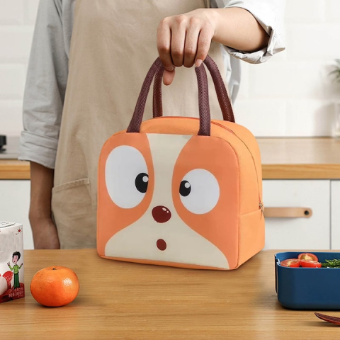 Geanta lunch bag portocalie 22 x 14 x 19 cm pentru copii, termoizolanta, model catelus, gradinita, scoala, picnic si calatorii [6]