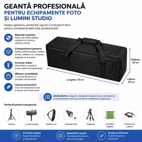 Geanta pentru Transport Echipamente Foto si Video, Nylon Rezistent, Compartiment Mare pentru Lumini Studio, Stative si Accesorii, 70 x 20 x 20 cm, Negru [1]