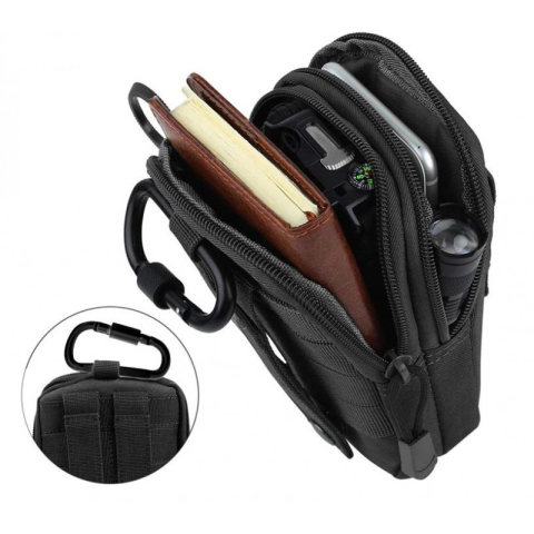 Geanta tactica neagra 18 x 12.5 x 5 cm, borseta militara Molle pentru curea, Cordura si nailon, 2 compartimente, 4 buzunare, impermeabila, capacitate 1 L [3]
