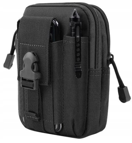SPORT ȘI ACTIVITĂȚI - Geanta tactica neagra 18 x 12.5 x 5 cm, borseta militara Molle pentru curea, Cordura si nailon, 2 compartimente, 4 buzunare, impermeabila, capacitate 1 L