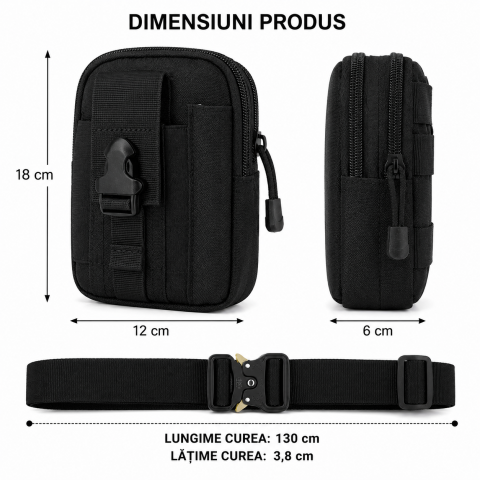 Geanta tactica neagra 18 x 12 x 6 cm, cu centura tactica reglabila, sistem Molle, poliester Oxford, catarama metalica cu eliberare rapida, EDC, unisex [3]