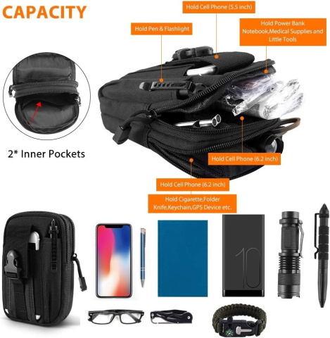 Geanta tactica neagra 18 x 12 x 6 cm, cu centura tactica reglabila, sistem Molle, poliester Oxford, catarama metalica cu eliberare rapida, EDC, unisex [2]