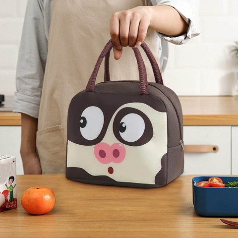 Geanta tip lunch bag, termoizolanta, pentru pranz copii, rezistenta la apa, model porc, 22 x 14 x 19 cm, maro [3]