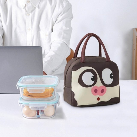 Geanta tip lunch bag, termoizolanta, pentru pranz copii, rezistenta la apa, model porc, 22 x 14 x 19 cm, maro [1]